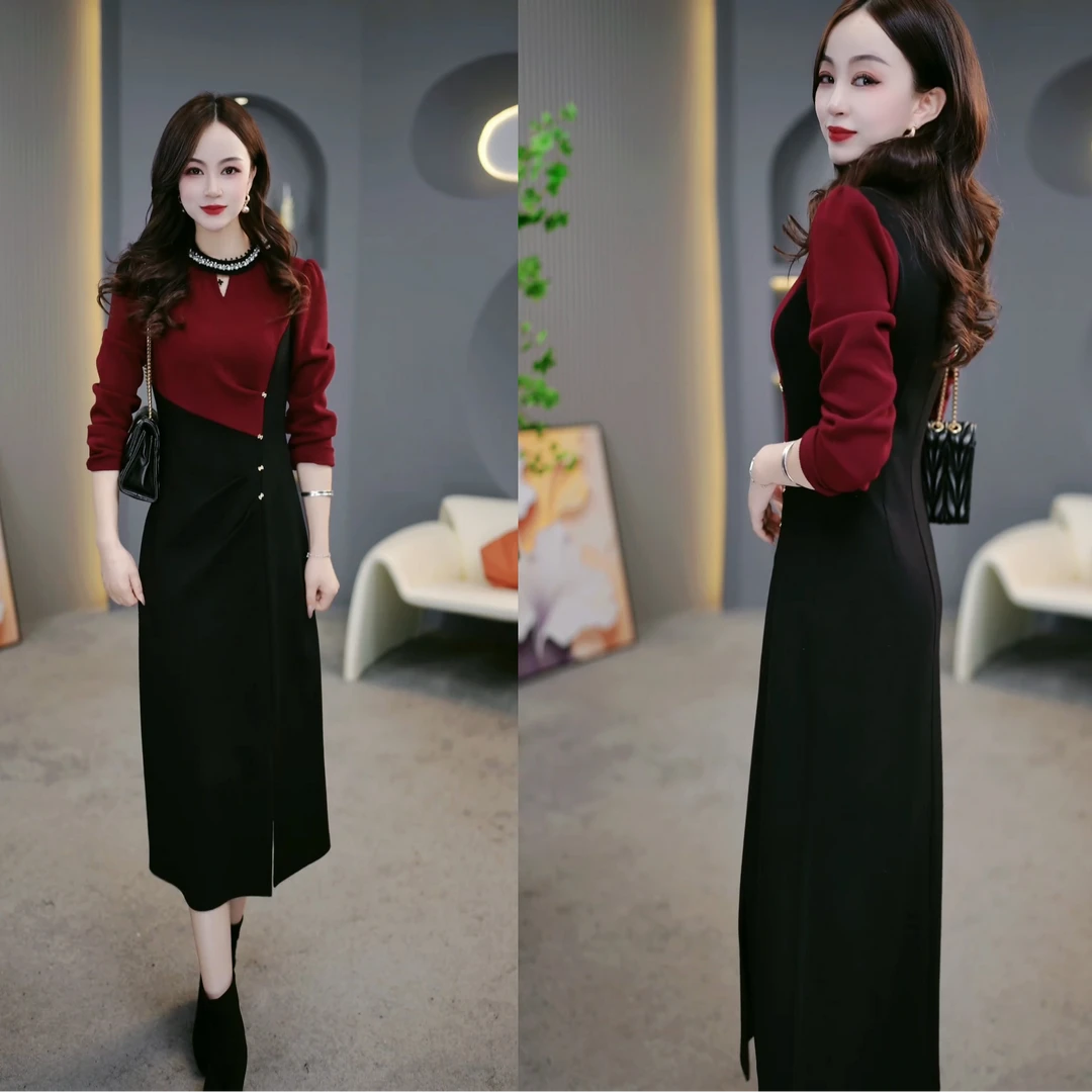 2024秋冬新款红色拼接简约大气新年穿搭显瘦中长款连衣裙M-4XL