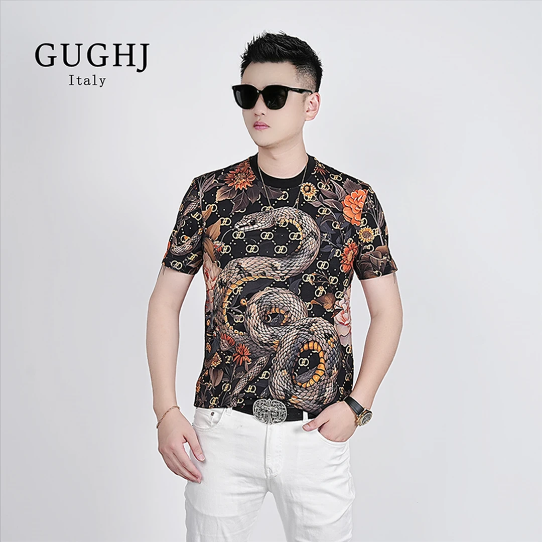 2025夏季潮牌欧货时尚个性印花短袖T恤男士修身潮流百搭圆领半袖