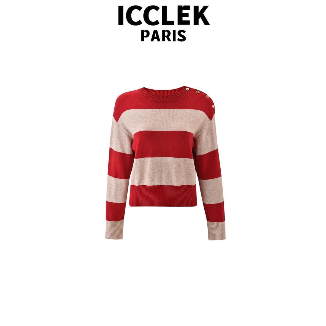 红色条纹圆领长袖针织衫气质轻奢名媛多巴胺风上衣 -5863