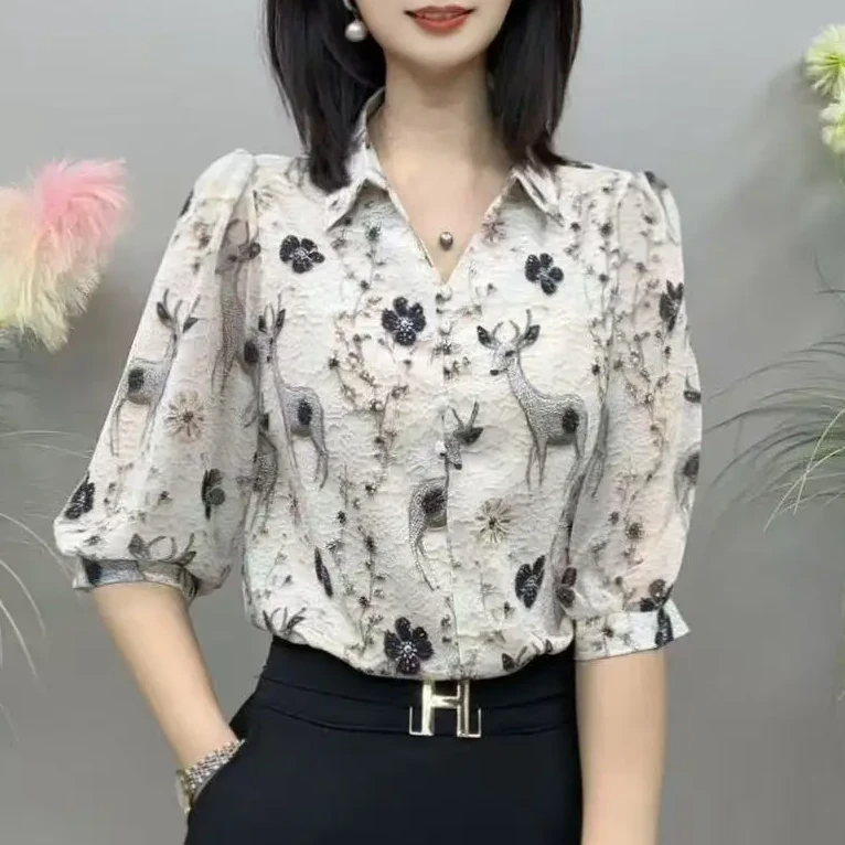 【柜柜同款】LLH25112夏季上新山水画翻领五分袖款气质百搭衬衫