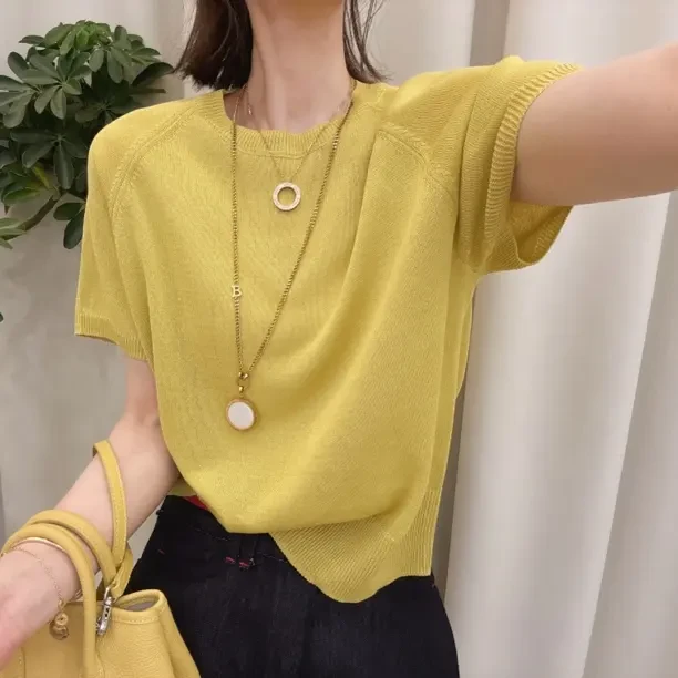 夏季新款韩版百搭修身显瘦时尚女纯色圆领针织短袖上衣T恤2675