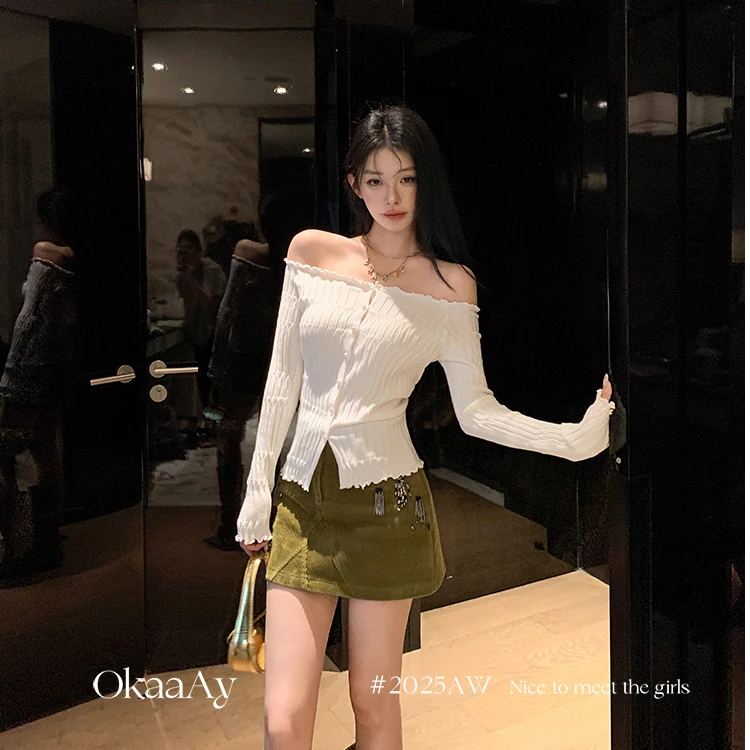 性感辣妹修身露肩外穿针织长袖上衣气质显瘦洋气休闲百搭半裙套装