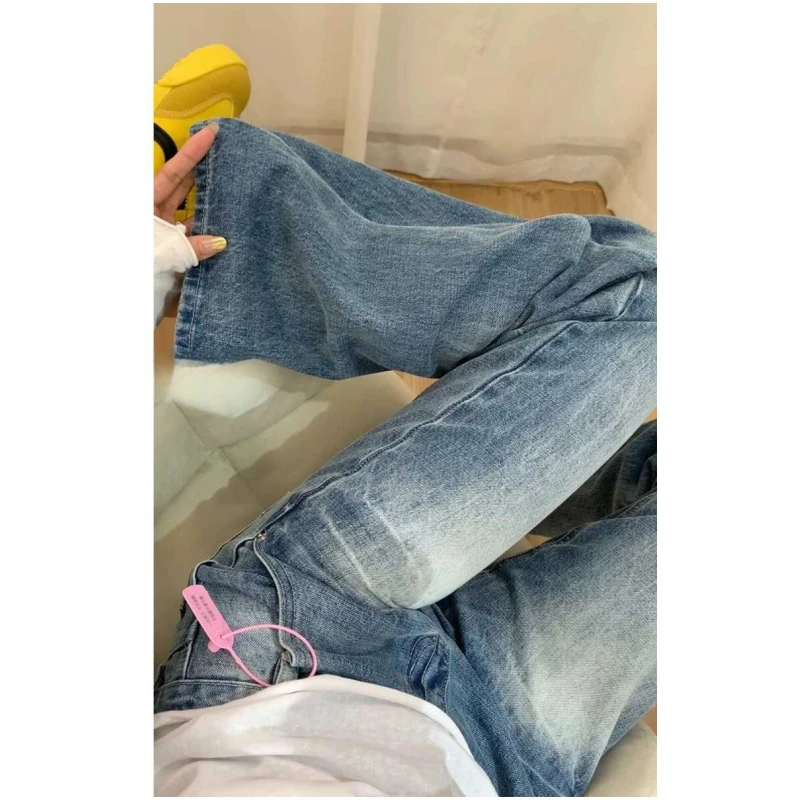 美式复古水洗不贴腿微喇叭牛仔裤女夏季低腰宽松显瘦直筒阔腿长裤