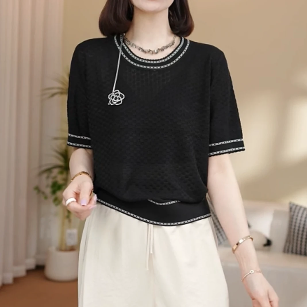 #097【涵宇】2025夏季新款女装时尚圆领高级山茶花百搭针织开衫