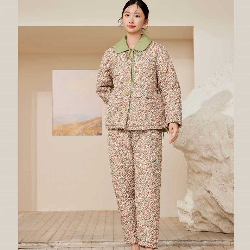 flossy弗劳思女士冬季三层加绒轻羽绵加厚保暖家居服套装CD213