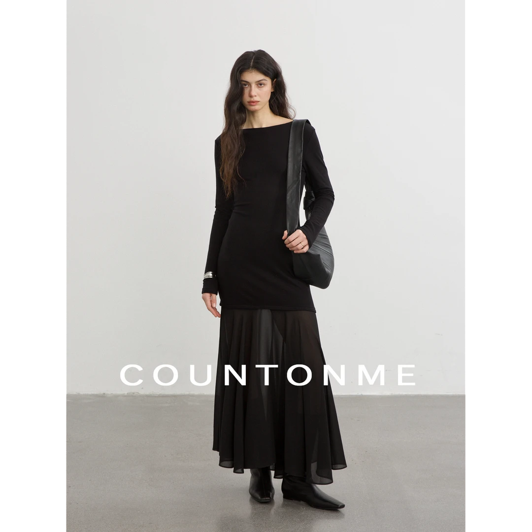 COUNTONME 浪漫氛围感拼透网纱连衣裙 一字领显瘦叠穿气质长裙