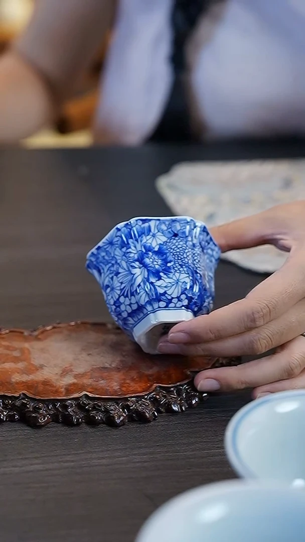 宁封窑青花万花6方杯