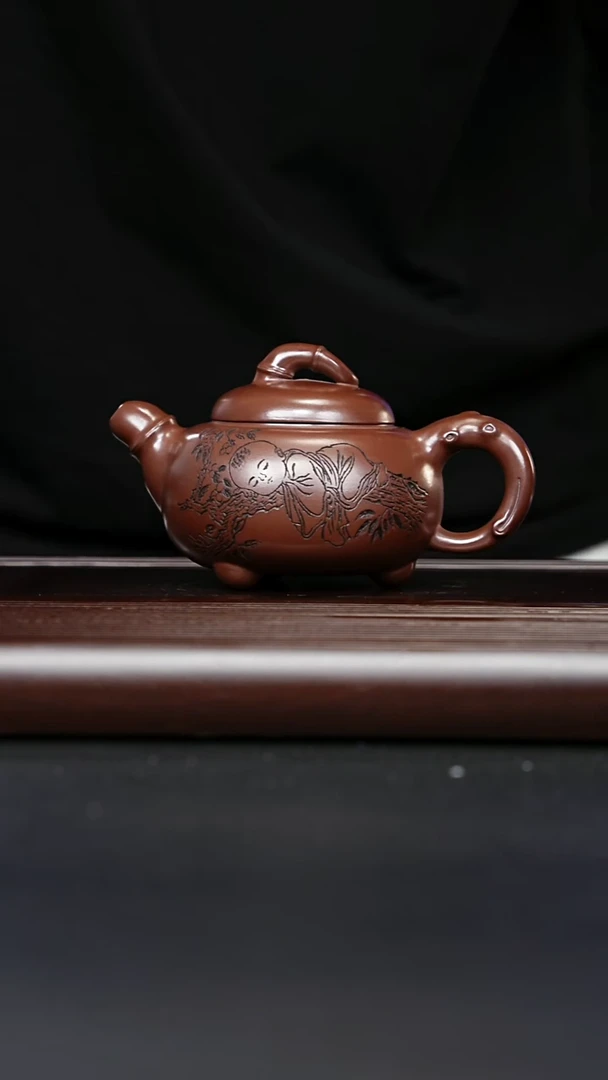 紫砂壶宜兴紫砂 三足竹韵 老紫泥 顾建根