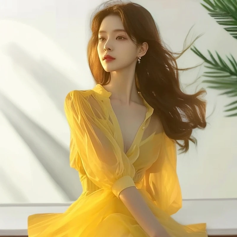 阮黛夏季女士海边度假风时尚柠檬黄雪纺衬衫收腰裙长款连衣裙裙子