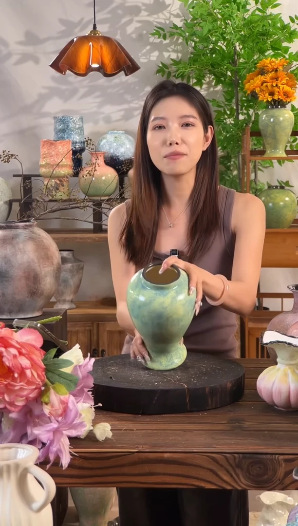 [绿野仙踪-中号美人花瓶】复古绿色陶瓷花瓶干花鲜花陶罐桌面斗柜