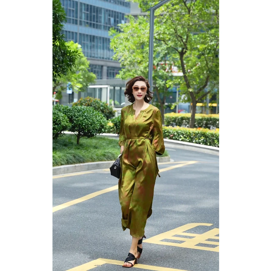 【渣渣专属香云纱】设计师款精品时尚国风夏季复古连衣裙X829绿色