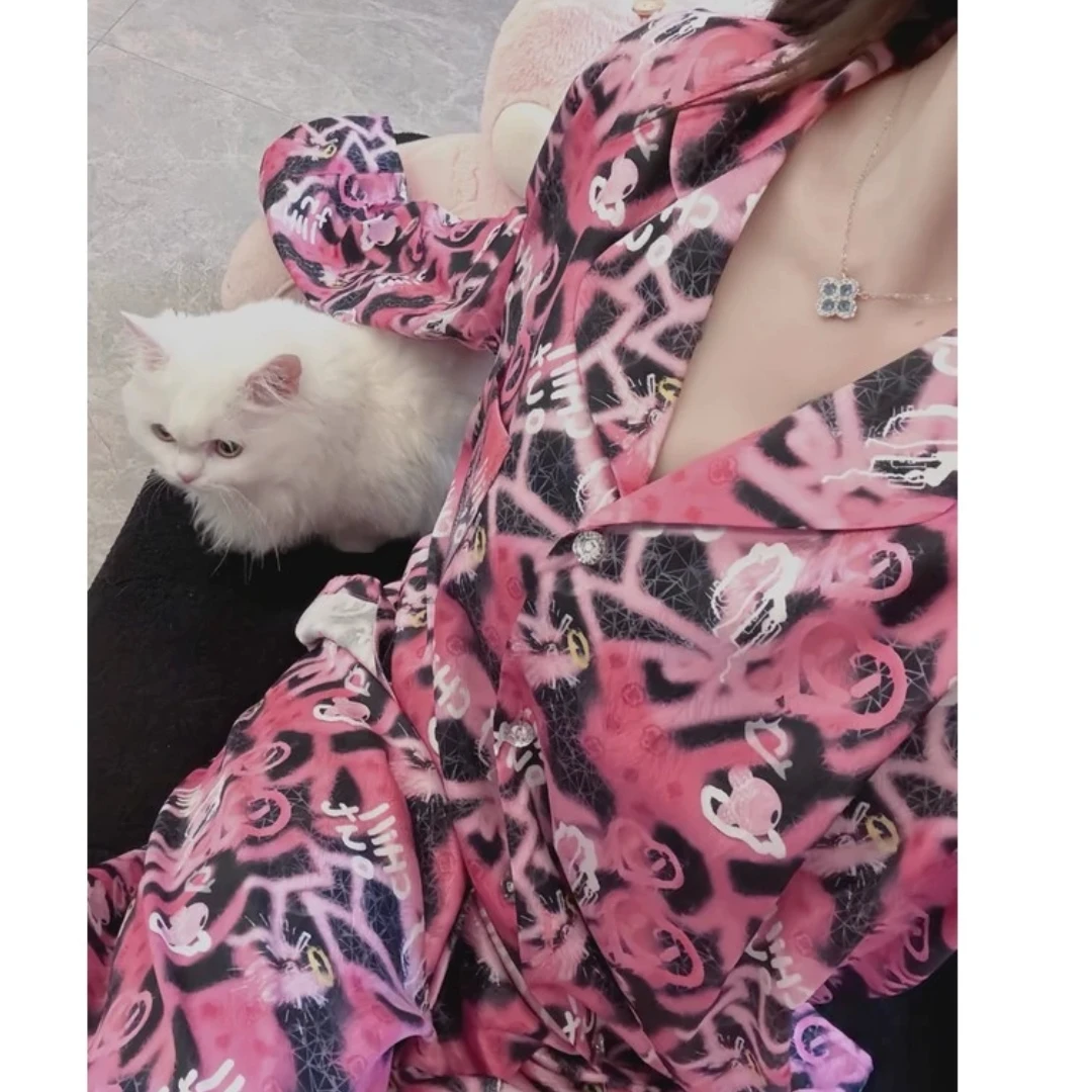 【上海故事】新款黑粉涂鸦轻奢长袖气质时尚宽松网红睡衣女士套装款