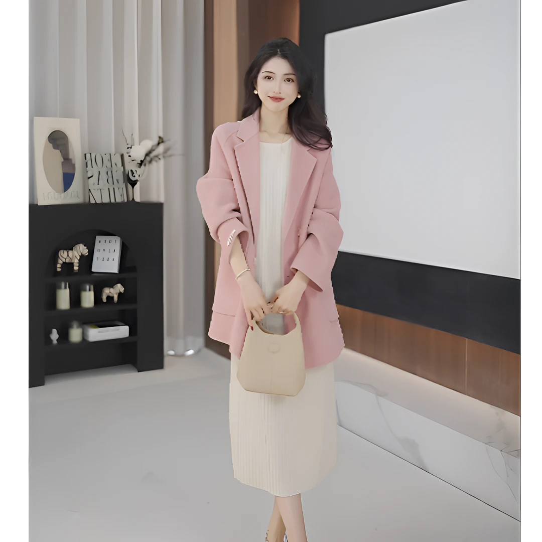 伊人国度100%纯羊毛大衣春季新款双面呢大衣女时尚西装领呢外套女