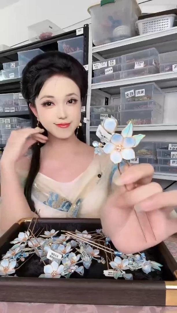 无铜合金640非遗绒花人字簪