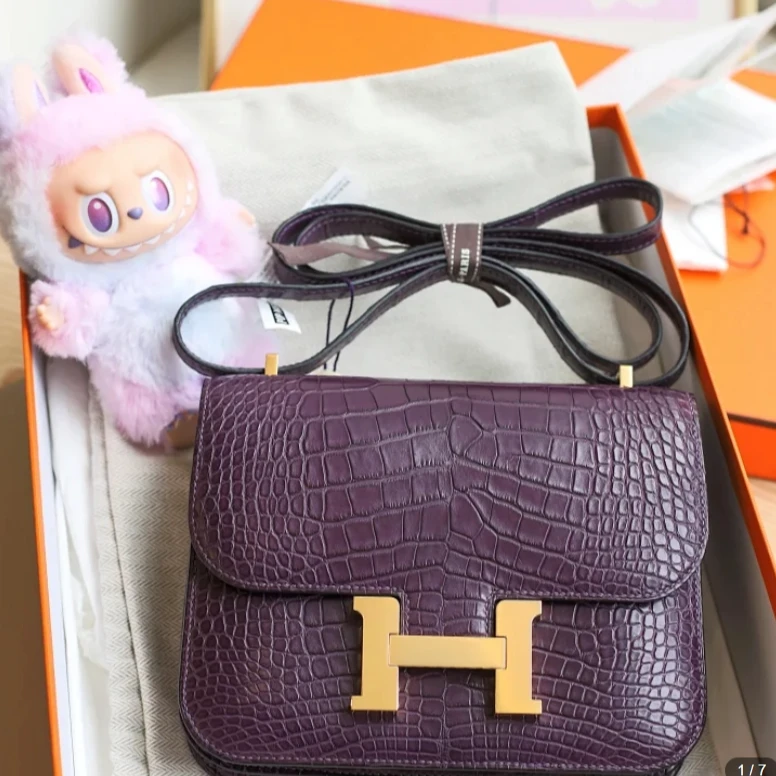 99新 Hermes/爱马仕 康康19 Y刻 方框短吻鳄鱼皮 水晶紫 金扣