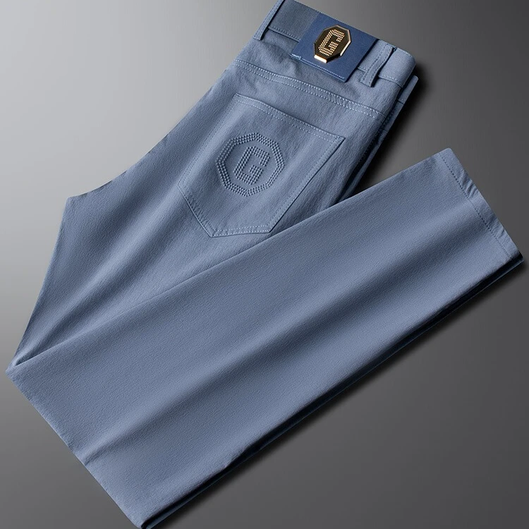 GUNEBOLURWAG皮牌蓝色修身牛仔裤男款2025新款夏季薄款商务通勤休