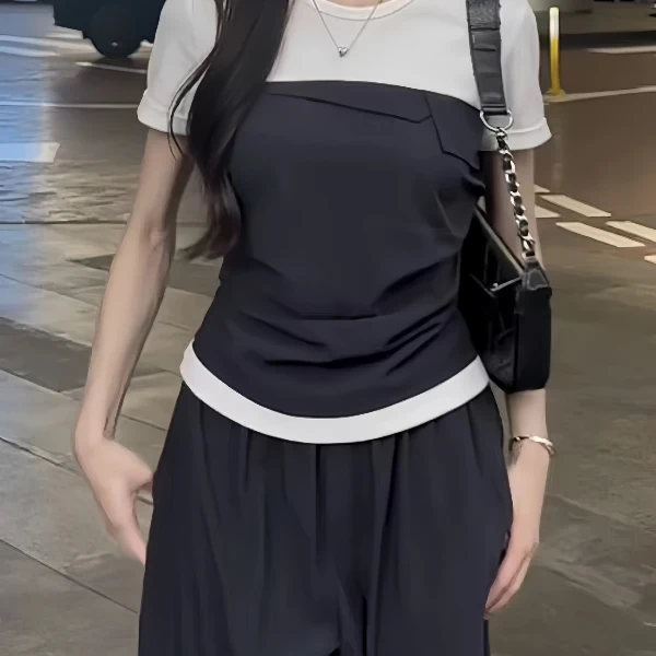 大码时尚假两件拼接短袖t恤女夏季胖mm掐腰收腰显瘦别致新款上衣