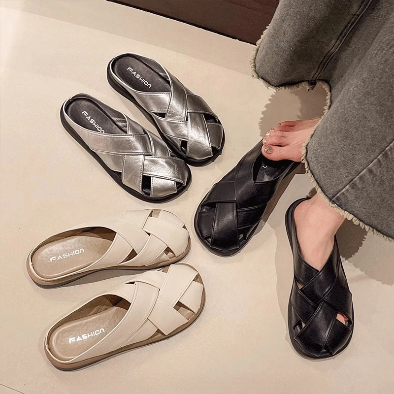 平底包头半拖鞋女2025年夏季新款外穿一脚蹬休闲百搭孕妇懒人鞋拖