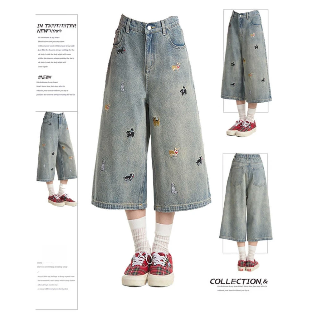 大码美式复古小狗刺绣牛仔裤女2025夏季新款高腰显瘦阔腿七分裤子
