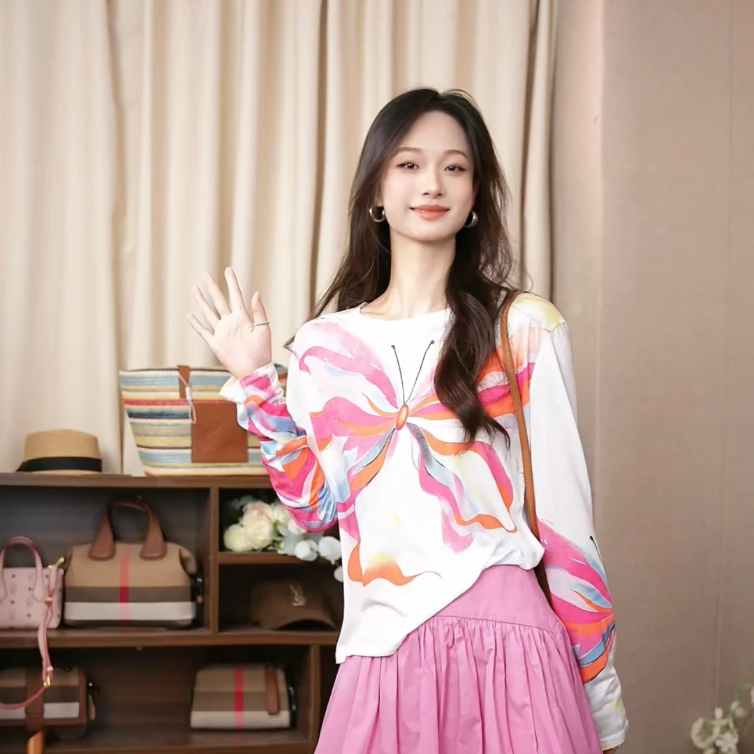 【蝴蝶飞】天丝面膜T恤女2025秋装新款女装薄款长袖防晒衣