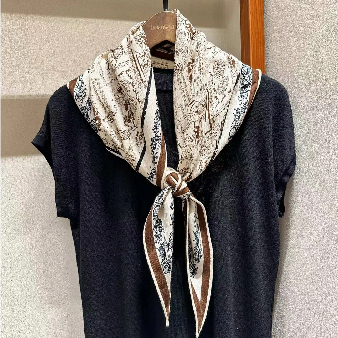 真丝羊毛双面复古马车130*40菱形巾披肩丝巾搭配围巾外搭G090