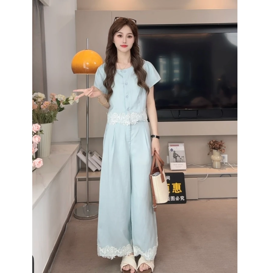 【夏款清仓库】拼接蕾丝上衣3139小香风时尚百搭宽松休闲显瘦套装女