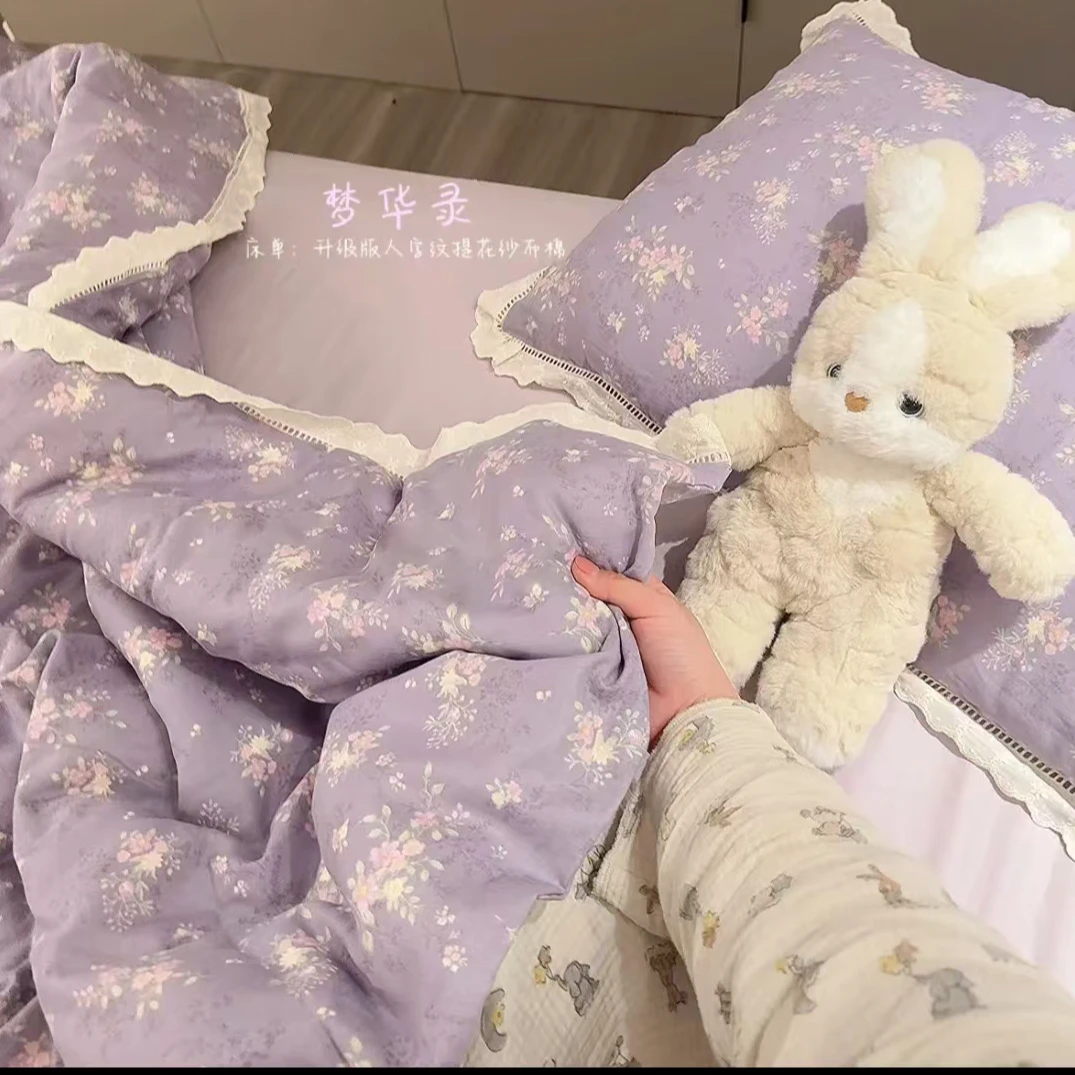 升级版重工镂空蕾丝花边全棉纱布棉套件床单加厚人字纹提花纱布棉