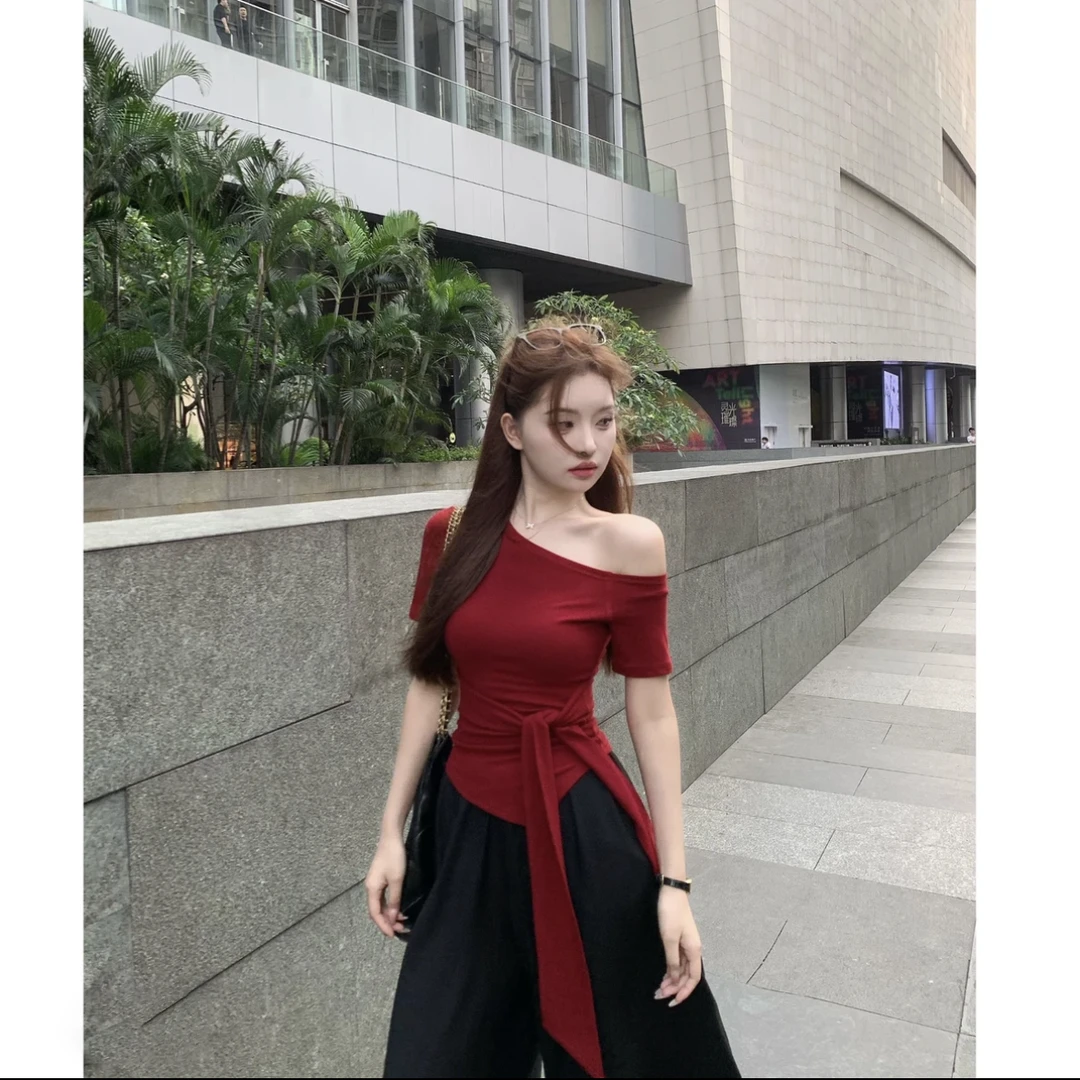 韩系辣妹别致绑带斜肩上衣女短袖T恤设计感小众不规则遮肉显瘦