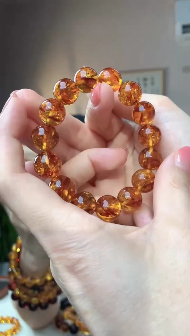 裸石琥珀未镶嵌14+花珀圆珠手串