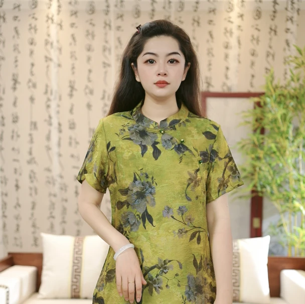 【蓝芷--奥黛】新中式老钱风国风复古提花盘扣斜门襟短袖上衣