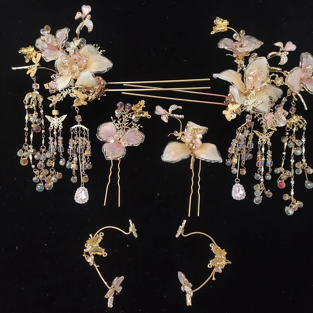 合金婚庆饰品 新款粉色仙气重工新娘中式结婚饰品232