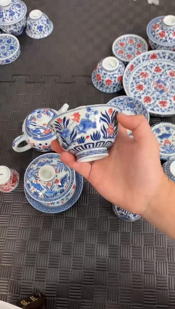 盖碗瓷景德镇陶瓷茶具青花釉里红鱼藻纹压手杯