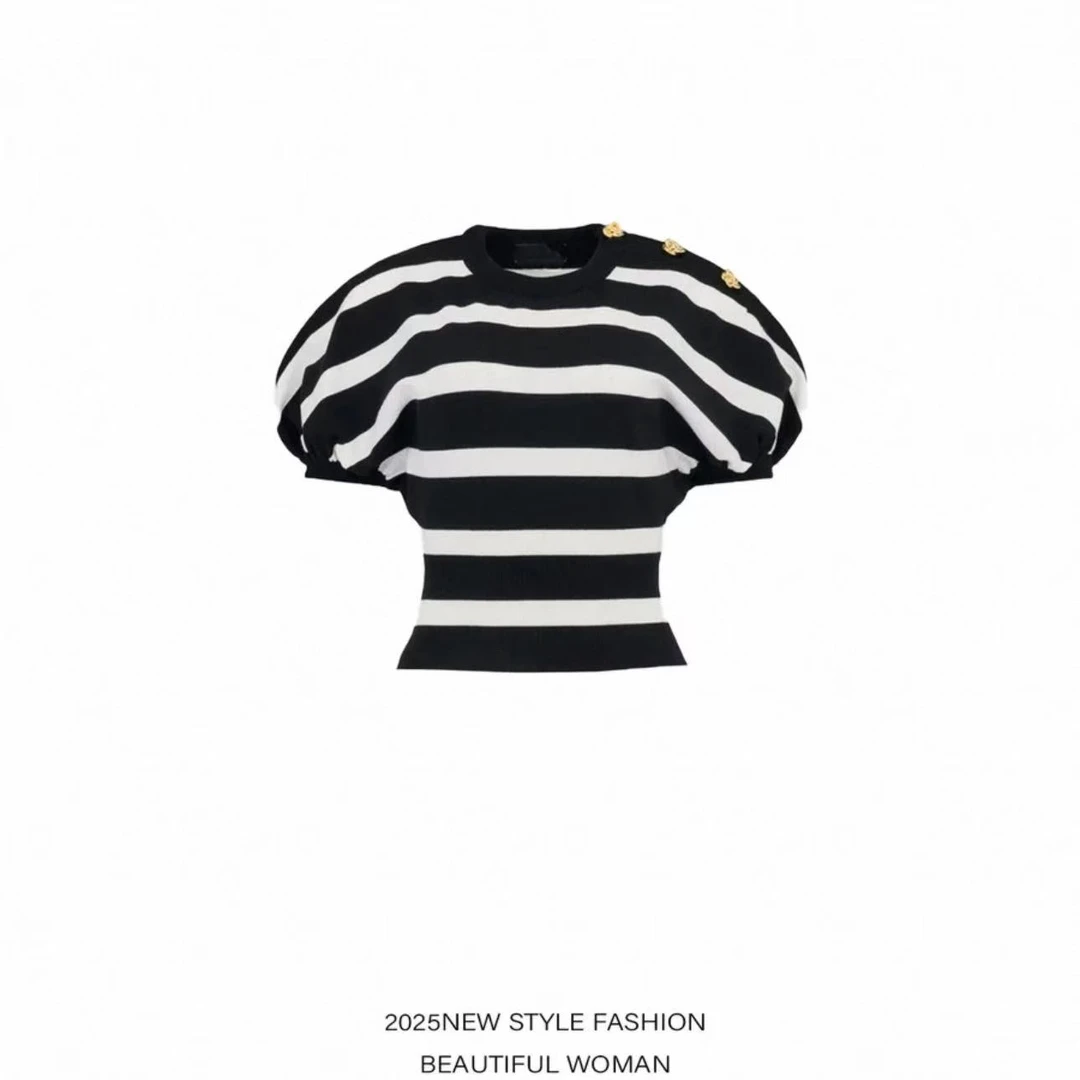 【现货】泡泡袖上衣女2025年夏季新款别致高级感时尚条纹收腰短袖