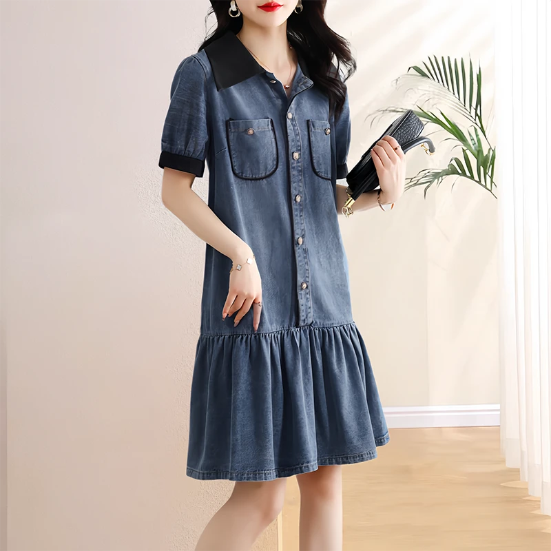 时尚休闲牛仔连衣裙女2025夏季新款甜美宽松型显瘦荷叶边裙