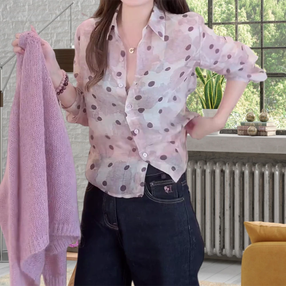 港风气质设计感波点小衫女人味扎染长袖衬衫C6482