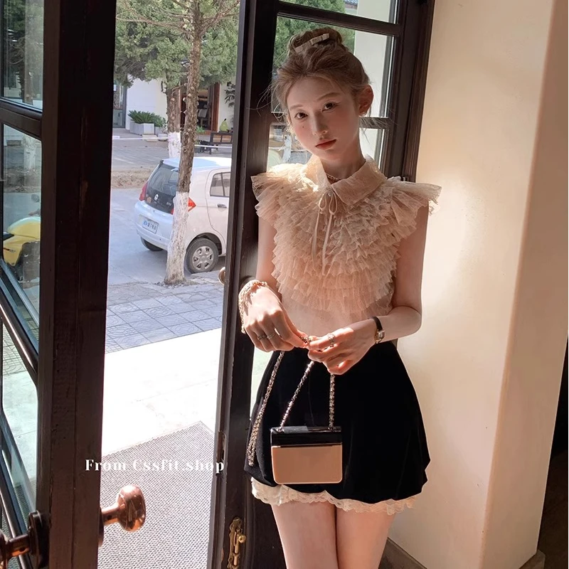 【bi】法式雪纺衬衫女夏季宫廷风蝴蝶结仙气休闲上衣黑色半身裙套装