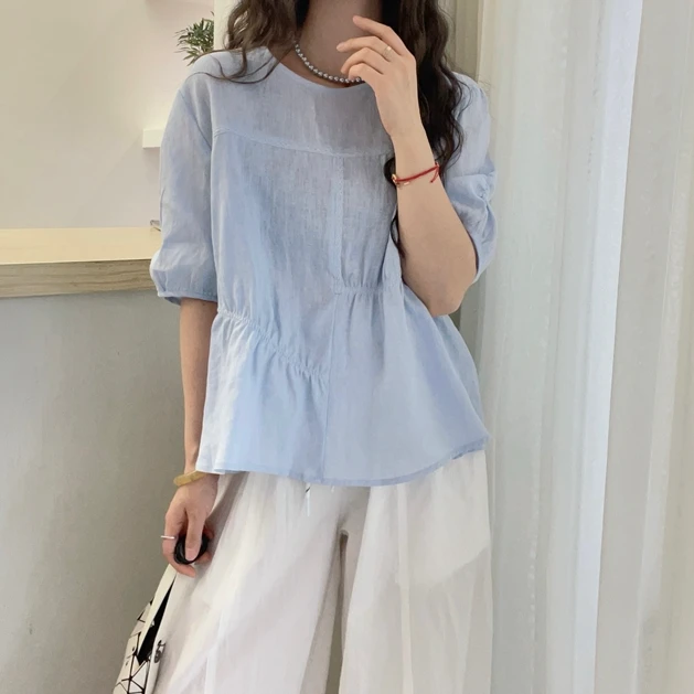 夏季宽松时尚设计圆领短袖衬衫韩版泡泡袖百搭显瘦财阀千金女装