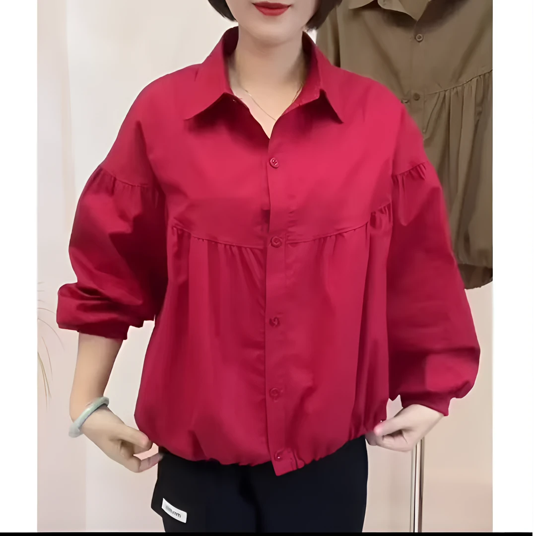 秋季常规款女士长袖红色女装薄款通勤衬衫翻领纯色