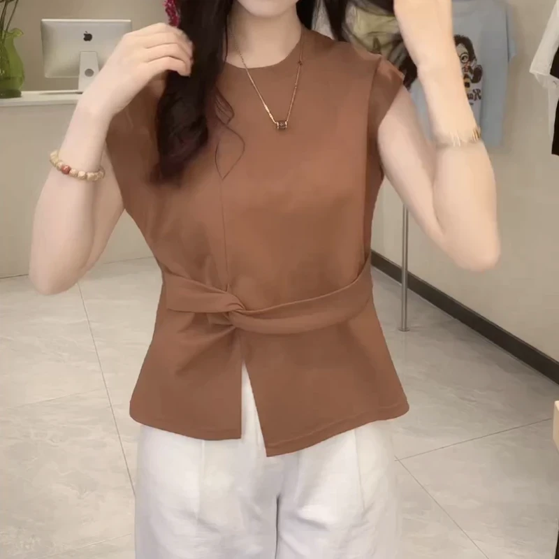 2025夏季新款飞飞袖掐腰扭结开叉下摆T恤纯色收腰洋气时尚潮流