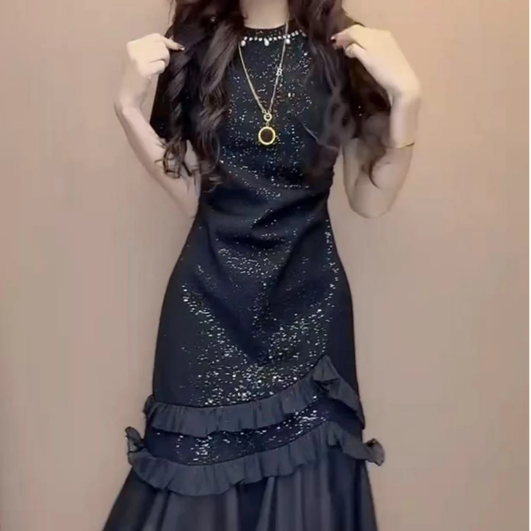 短袖拼接圆领法式连衣裙设计感气质鱼尾裙