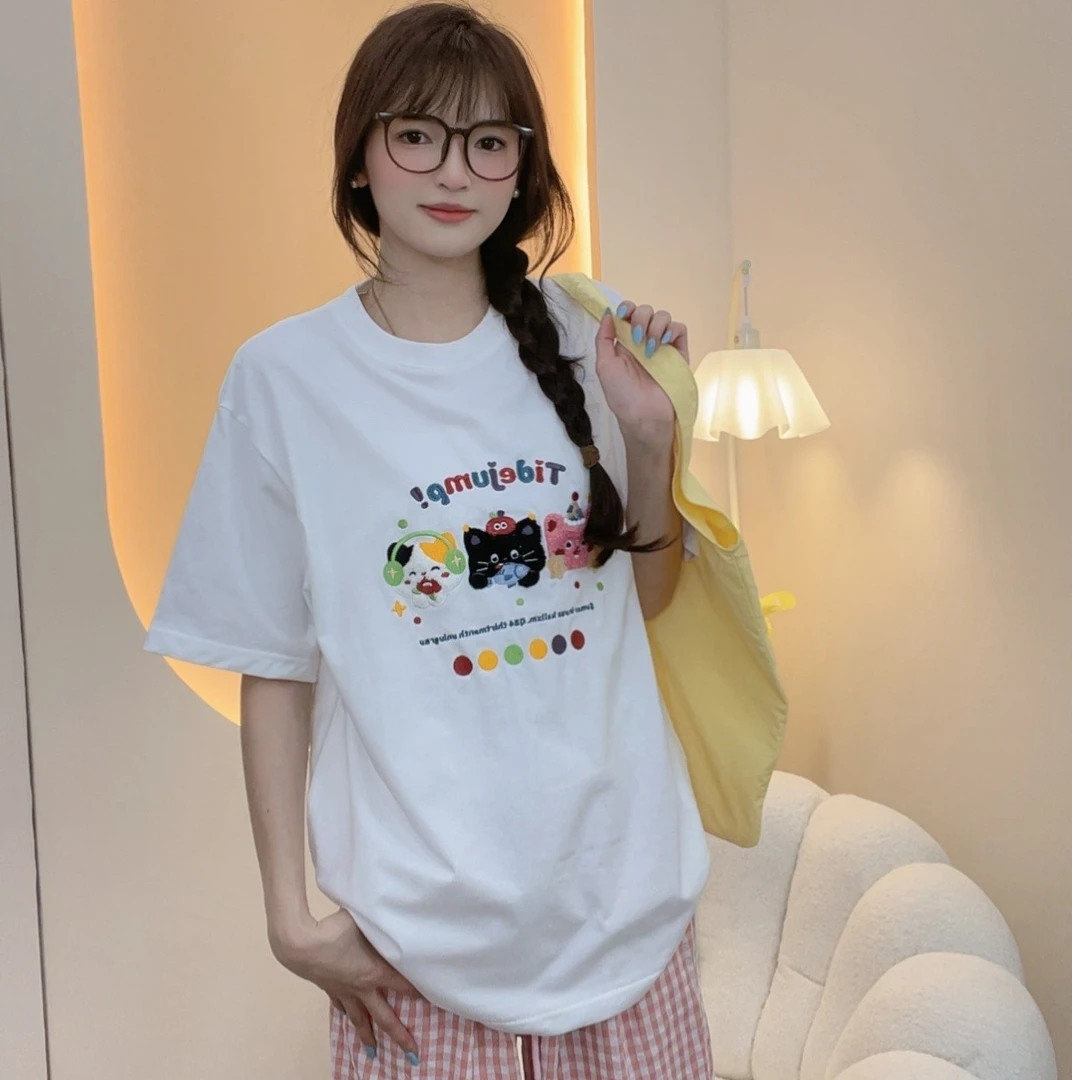 可爱小猫咪刺绣纯棉短袖女夏季新款宽松圆领百搭上衣#MJ0268