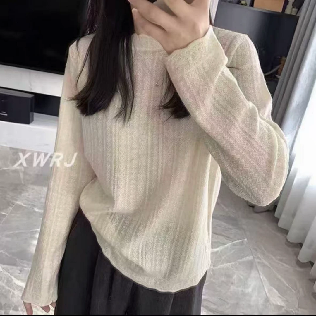 温柔立领打底衫女秋冬内搭洋气叠穿半高领钩花竖坑条针织上衣