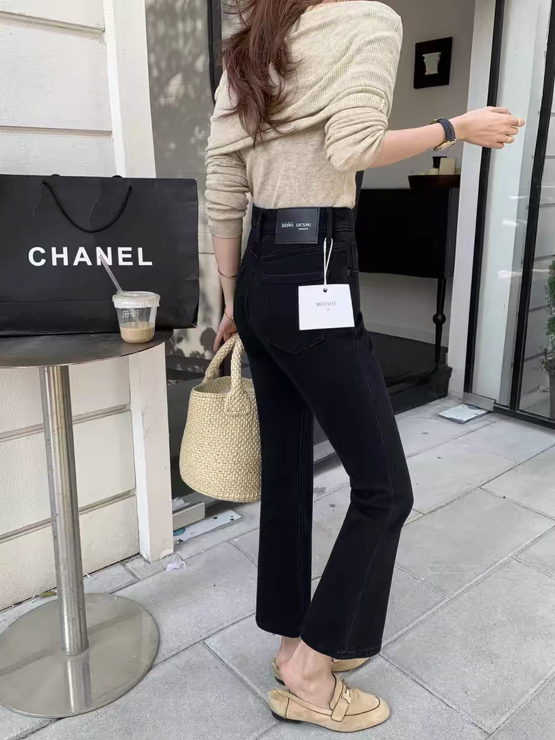 韩式 Boyiyiyi三衣牛仔裤女早春剪标四面弹黑色九分微喇裤潮68366