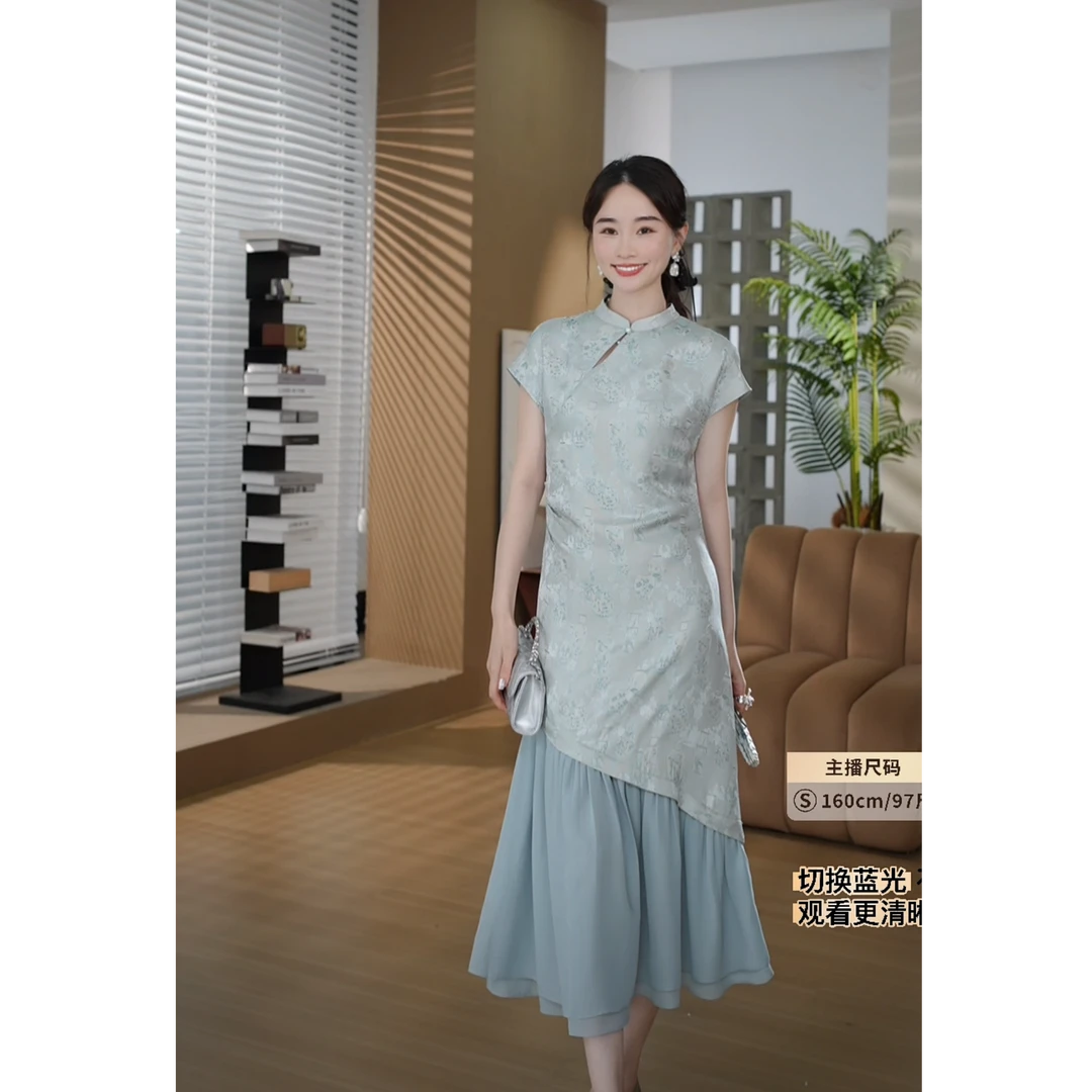 HELA AOMI“青花瓷”宋锦桑蚕丝96.3%刺绣中式无袖连衣裙CY5BM72588