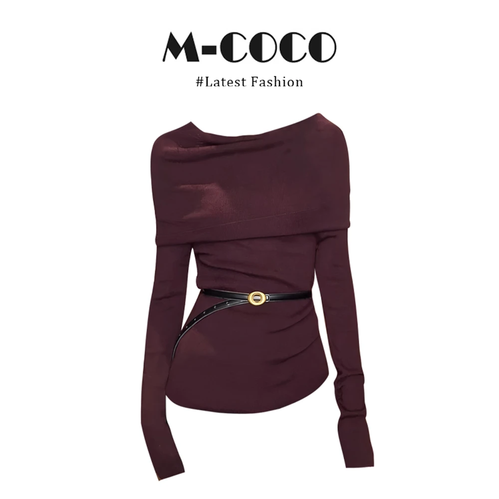 MARIE.COCO时尚气质辣妹一字肩针织衫早秋时尚别致打底衫长袖上衣