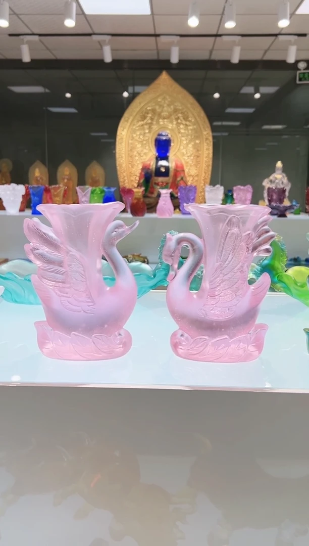 手工艺品琉璃古法琉璃一对天鹅花瓶