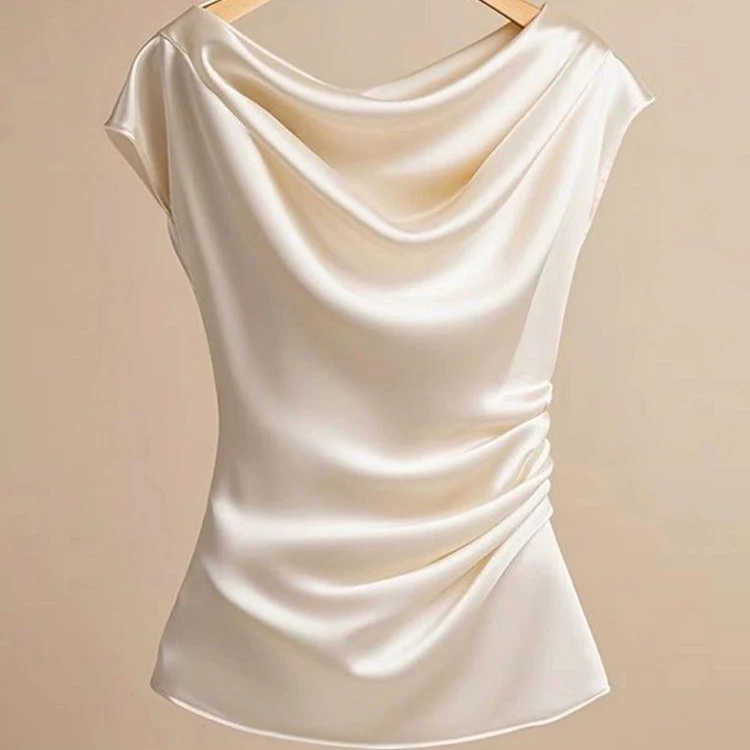 安可拉红法式小香风短袖t恤女一字领缎面收腰显瘦上衣高级感小衫