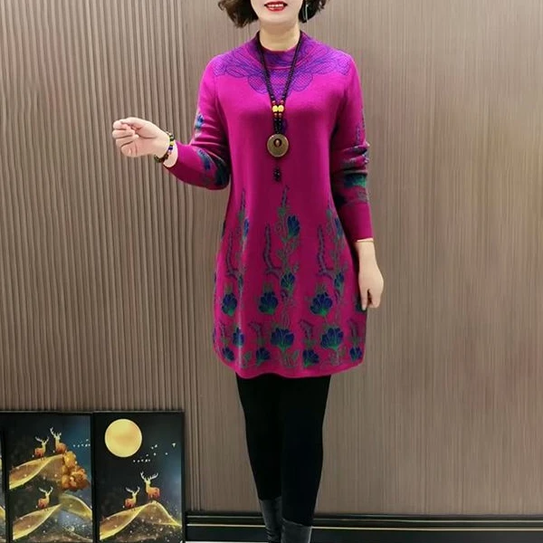 秋季宽松百搭休闲中长款针织打底裙子洋气女士高档时尚毛衣大版衫