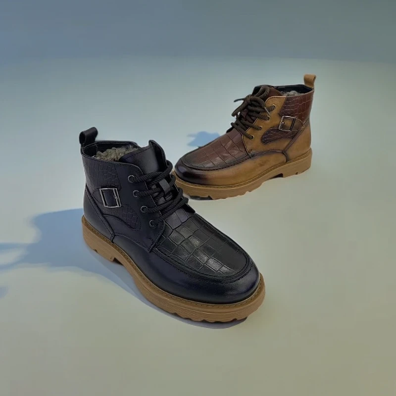 冬季新款纯皮棉鞋休闲马丁靴男士净版侧拉链经典百搭潮流羊毛内里