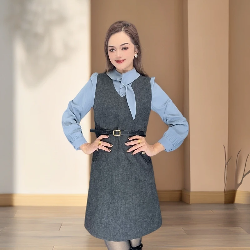 高级感优雅领花韩系假两件6623款连衣裙